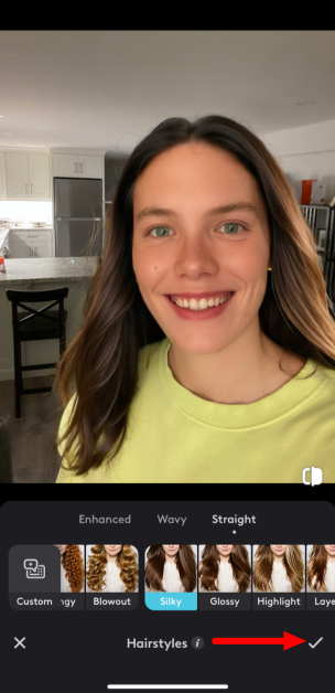 14-691bb144-2f57-44e2-b1a3-9bf9cfe8a5c1 A selfie with silky straight hair applied with Facetune.