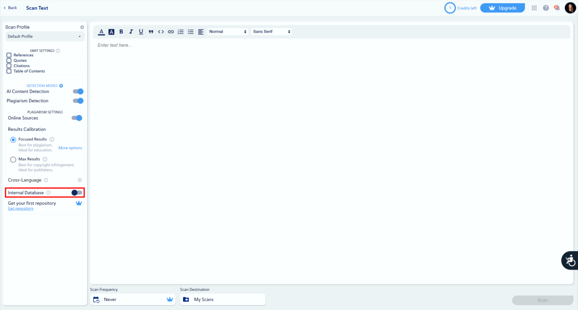 14-db985491-f1f5-4615-940c-f07fe2c3b1e1 Emphasizing the "Internal Database" toggle in the settings for scanning text.