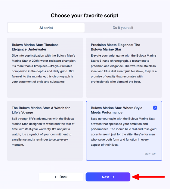 Selecting an AI script generated with VidAU and hitting Next.