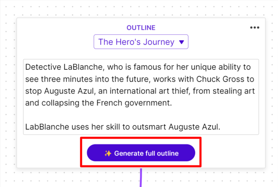 Selecting "Generate full outline" using the canvas in Sudowrite.