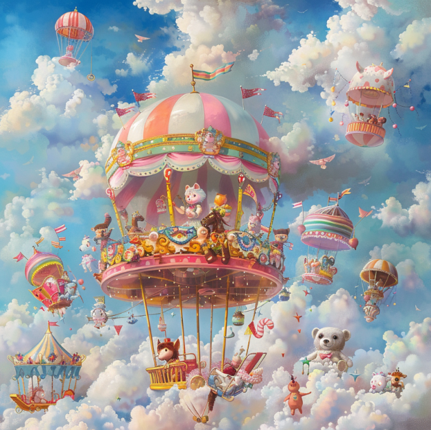 15-15584cd2-cb5f-4600-8d6d-b12d76fb31e9 The first image of a whimsical cloud carnival with candy rides, pastel sky, fantastical costumes, and playful animals generated with Midjourney and upscaled.