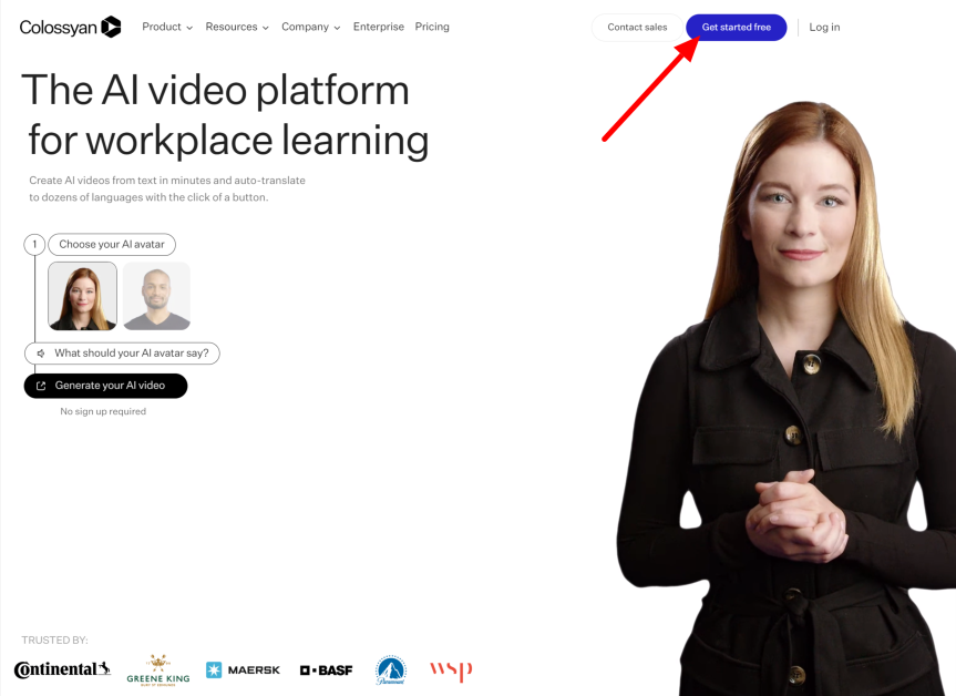 Selecting Get started free on the Colossyan Creator homepage.
