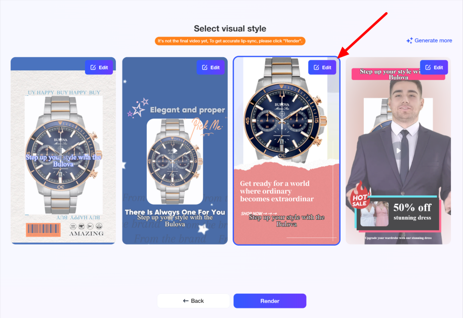 Selecting Edit on a visual style generated with VidAU.