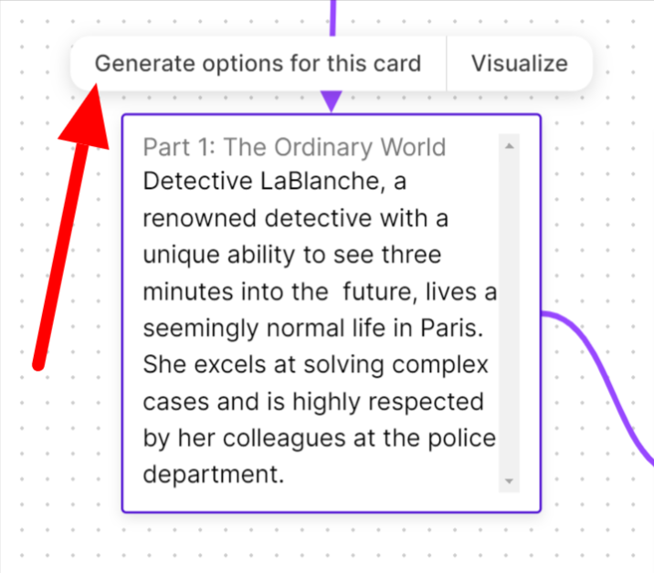Selecting "Generate options for this card" on one of the cards in the outline made with the Sudowrite canvas.
