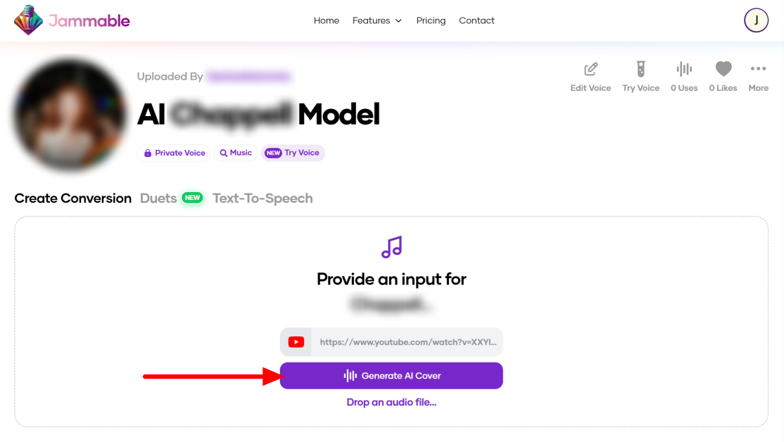 16-8996c8e3-4317-4221-9d4b-15c62136b80a Selecting Generate AI Cover after providing an input on a custom AI voice.