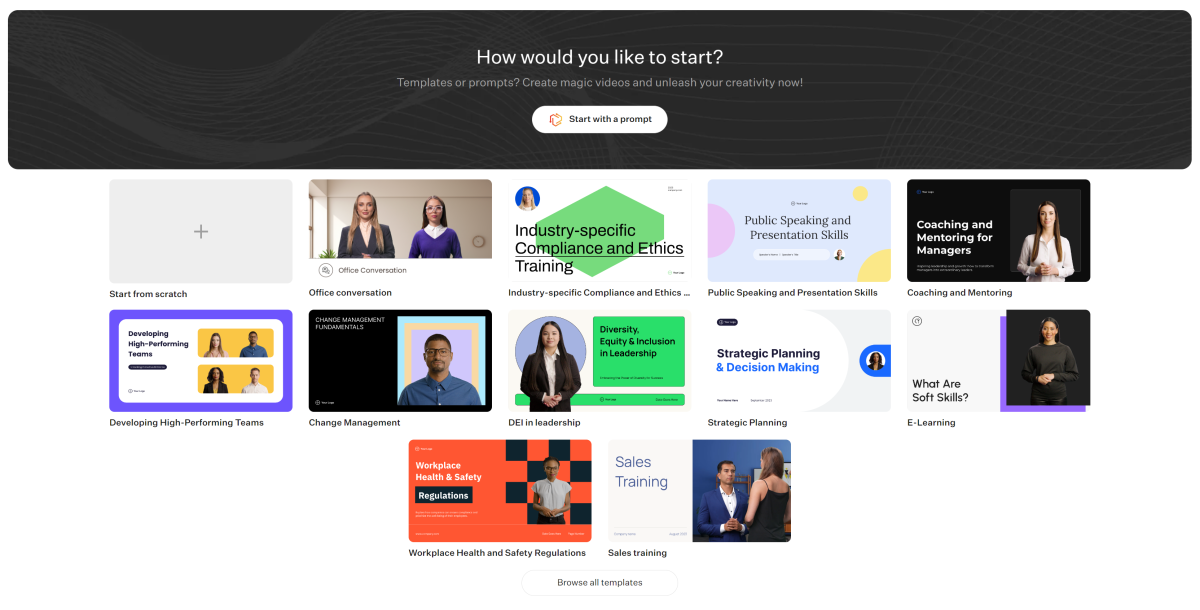 Selecting one of the templates from Colossyan Creator.