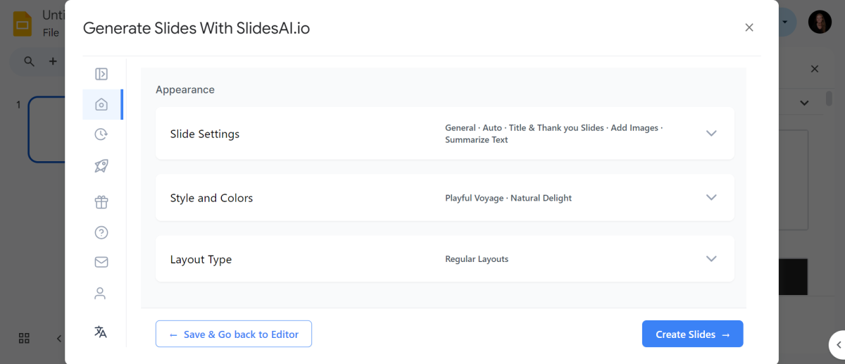 Editing the appearance of the slideshow when generating a slideshow with SlidesAI on Google Slides.