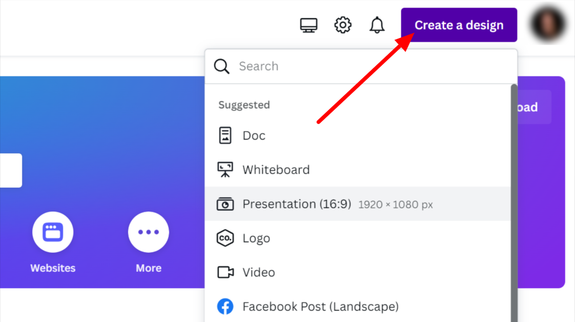 16-murf-ai-canva-create-design Selecting create a design in Canva.