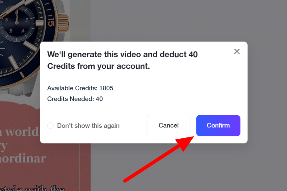 Confirming the credit reduction to render a video with VidAU.