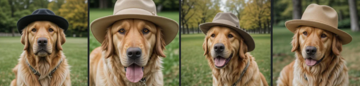 17-0c1a1de9-678e-4f09-ae4c-b14a73d1dc41 Four images of a medium portrait shot of a golden retriever wearing a hat in a park generated with GetIMG.