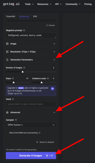 17-2f896666-e4eb-4d11-a7f0-1940abe4a6d8 Advanced settings when generating an image using Getimg and hitting Generate.