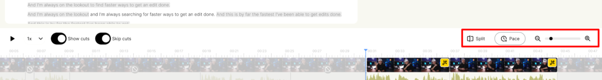 17-6c4be383-b4d2-4a6c-b5df-5cef061600fd Emphasizing the Split, Pace, and Zoom tools when editing a video with Gling AI.