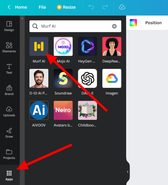 17-canva-add-murf-ai-app Selecting Apps and finding Murf AI in Canva.