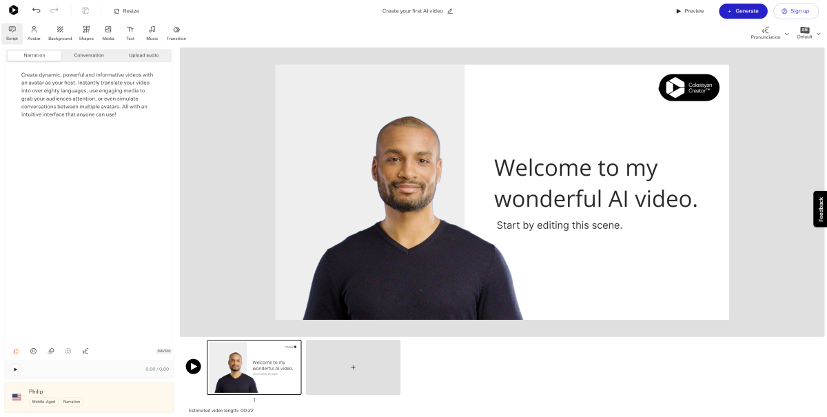 Colossyan Creator's interface for generating an AI video.