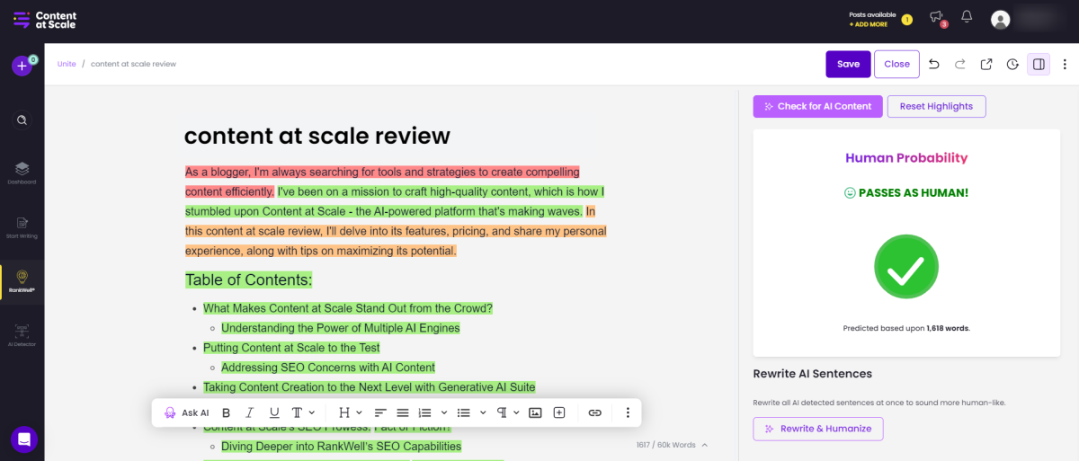 A more humanlike version of an article generated with Content at Scale using the AI Detector.