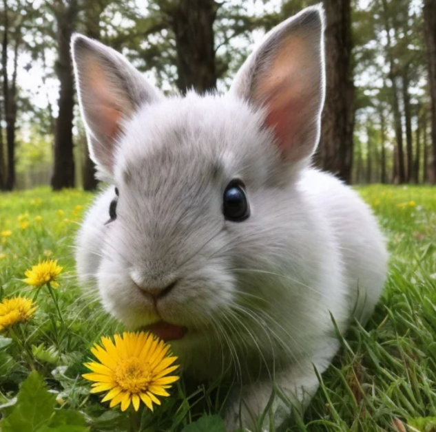 18-91f781e6-0df9-4301-b88b-2df8588b6402 A white bunny in some grass next to a dandelion generated with ArtSmart.
