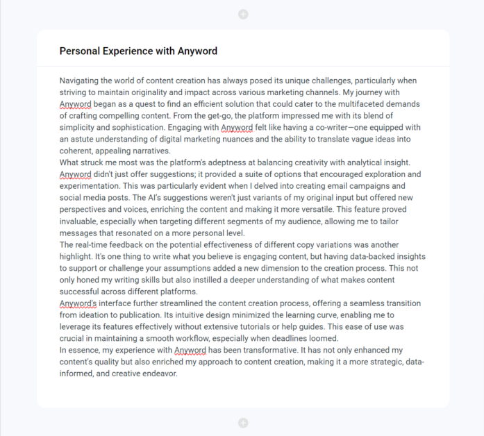 The personal experience section generated by Anyword.