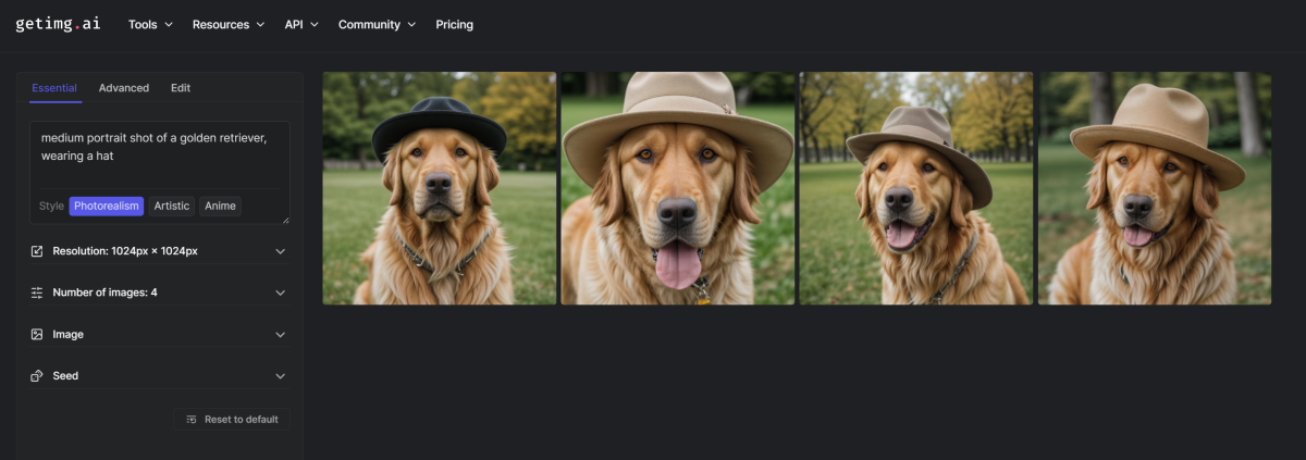 18-aebfbcdd-fabc-43e6-9367-8e69318b418b Four generated images of a golden retriever wearing a hat generated with Getimg.