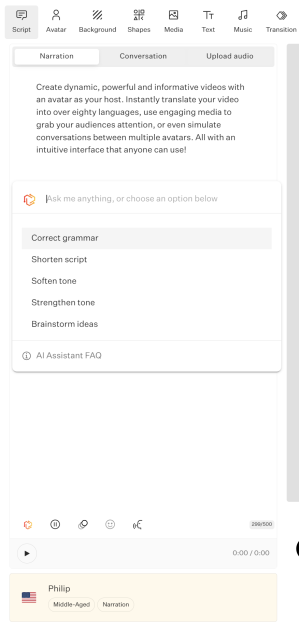 Typing "/" to activate the Colossyan AI assistant.