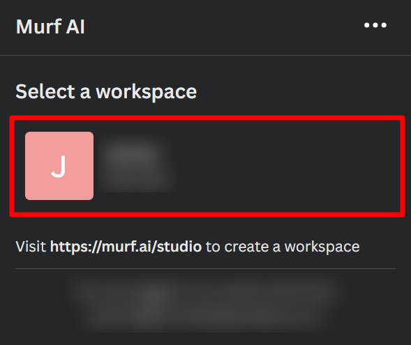 18-murf-ai-canva-select-workspace Selecting a workspace on the Murf AI app on Canva.