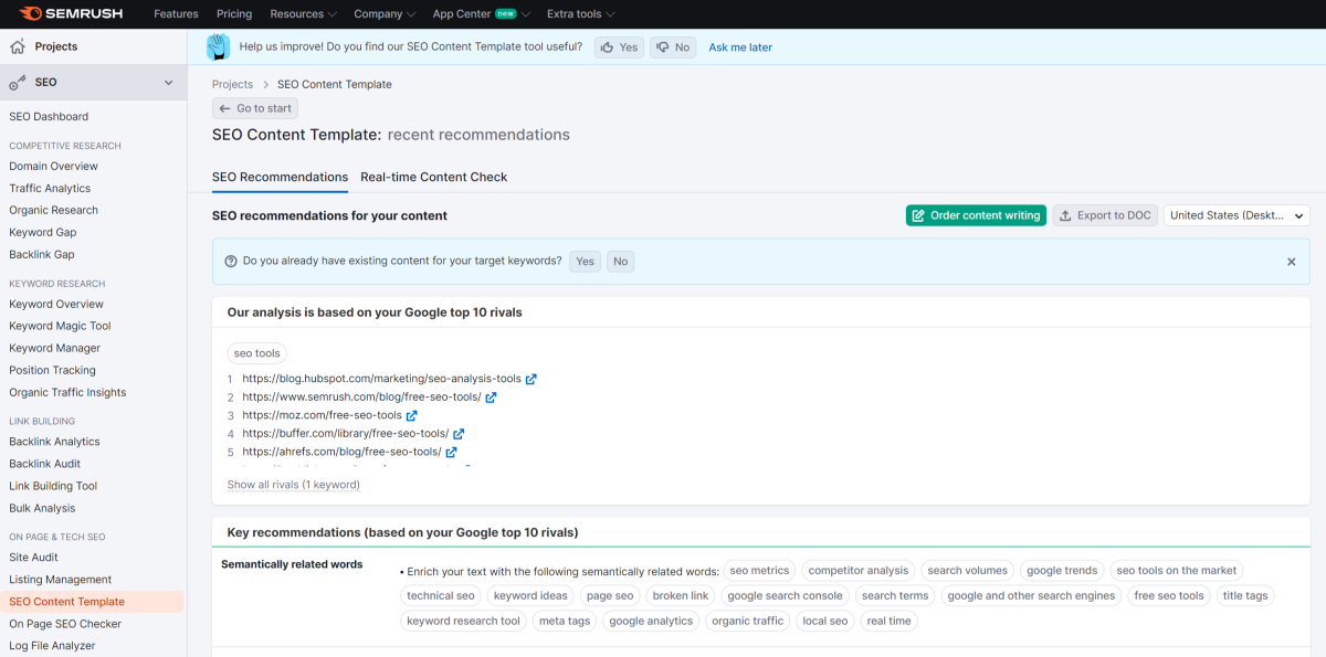 The Semrush SEO content template.
