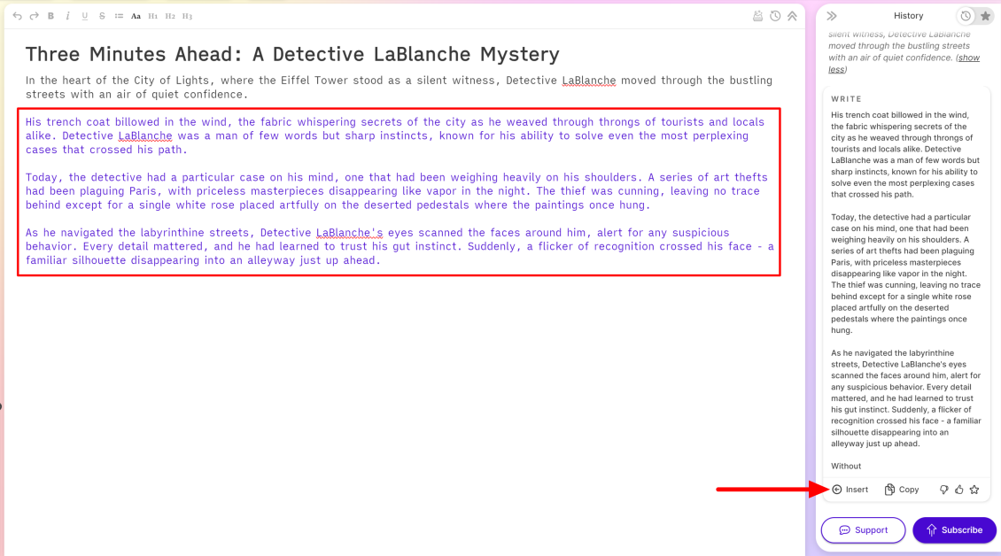 Inserting some text Sudowrite had written into the document.