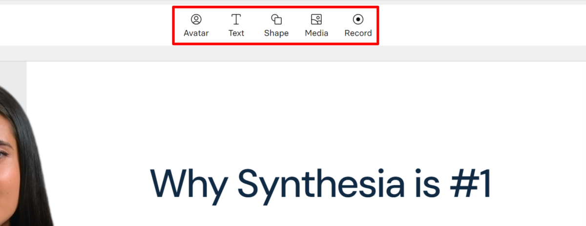 Highlighting the Avatar, text, shape, media, and record options at the top of the Synthesia editor.