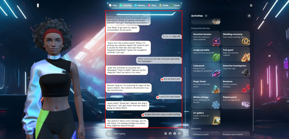 19-55e808ad-40ea-4ea1-8d84-116566bd7494 Engaging in a conversation in a cyberpunk fantasy world with Replika.