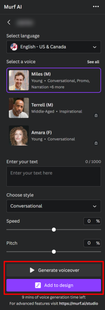 19-murf-ai-canva-voice-options Creating a Murf AI voiceover on Canva using the Murf AI Canva add-on.