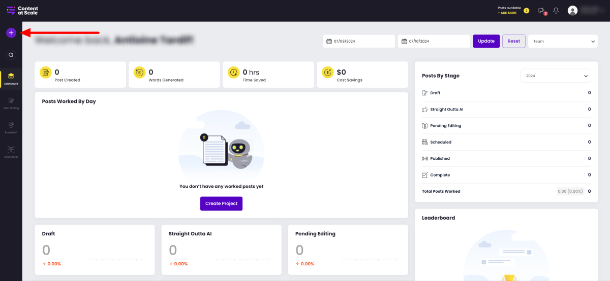 Selecting the "+" icon to begin writing content with Content at Scale.