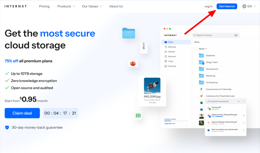 Selecting Get Internxt on the homepage.