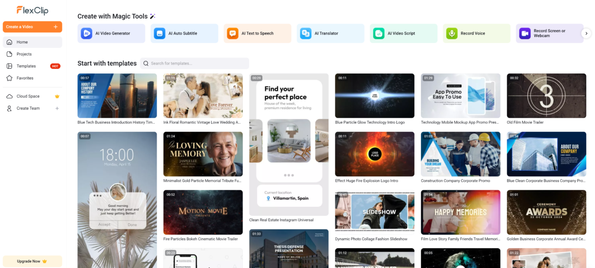 The FlexClip dashboard.