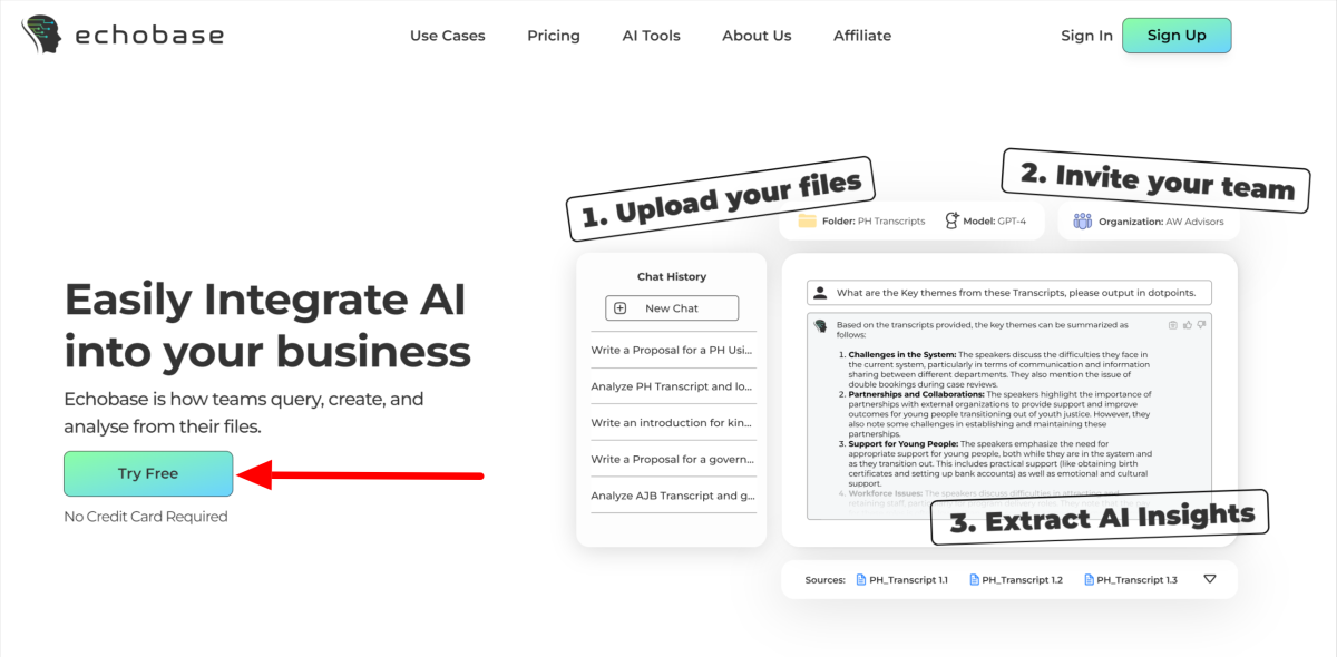 Selecting Try Free on the Echobase homepage.