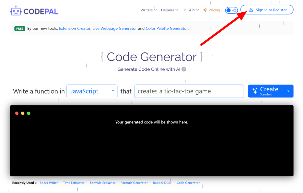 Selecting Sign In or Register on the CodePal homepage.