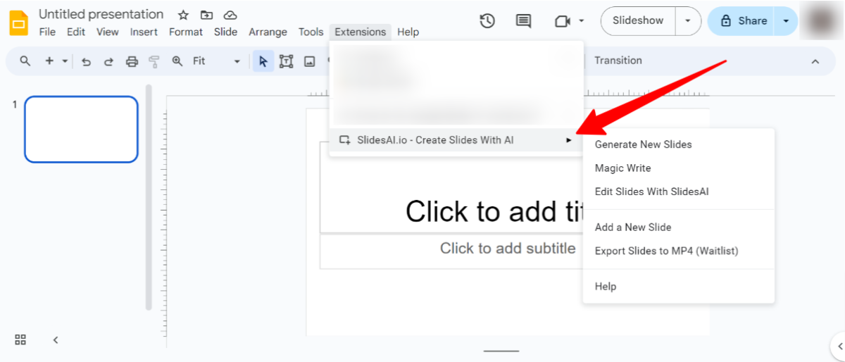 Hovering over the SlidesAI extension in Google Slides.