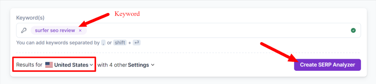 2-surfer-serp-analyzer Adding keywords to the Surfer SEO SERP Analyzer.