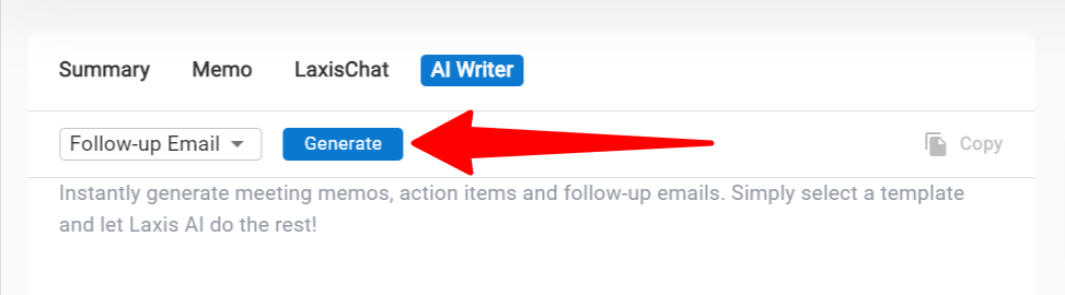 Generating a follow-up email with the Laxis AI Writer.