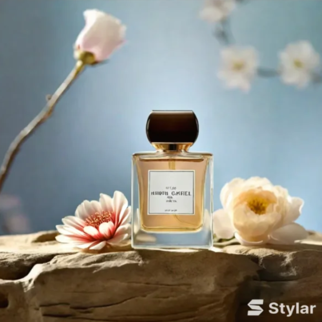 20-c97e4600-d281-47a7-90f1-db0f2df2c29e A perfume bottle on a wooden table generated with Dzine with the white flower replaced with a red one.