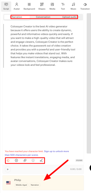Highlighting the different text options and selecting a new voice when editing an AI video using Colossyan.