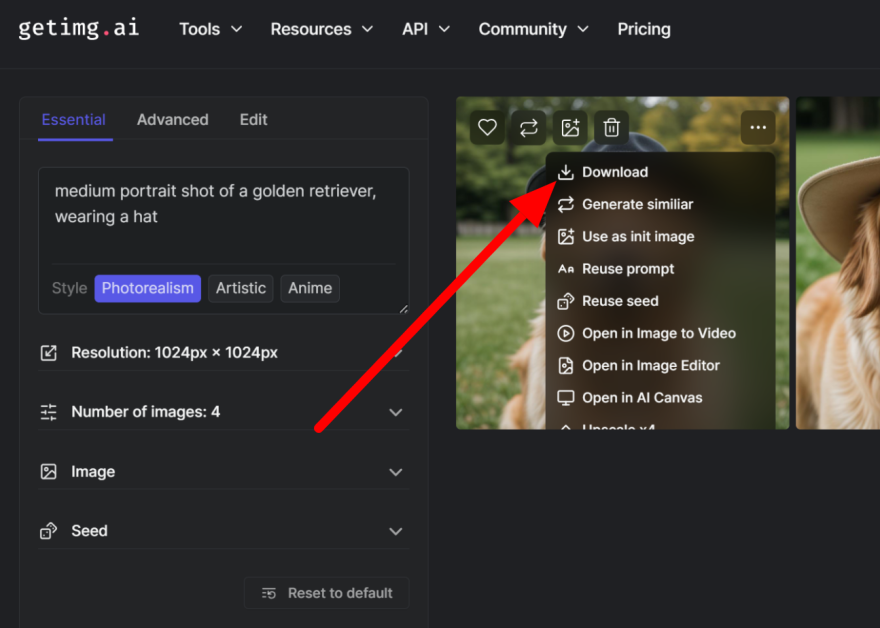 20-dbba1ec9-7cfc-4cc0-9eb0-683d49097ade Selecting the More icon on an image generated with Getimg.