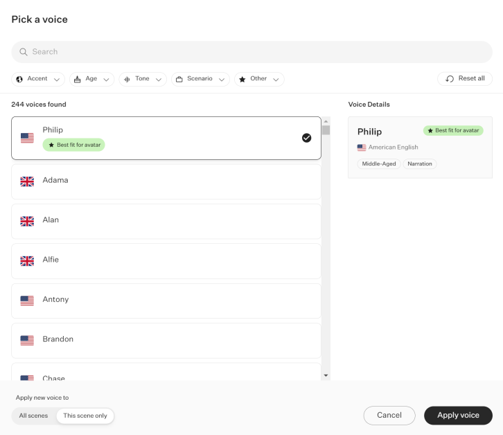Picking a voice using Colossyan Creator.