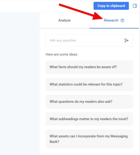 Selecting the Research tab using the Anyword editor.