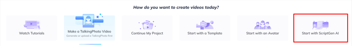 21-heygen-scriptgen-ai Selecting "Start with ScriptGen AI" in the HeyGen dashboard.