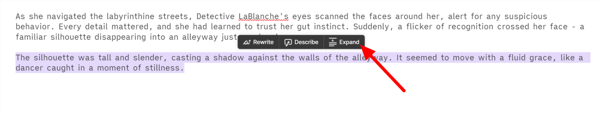Highlighting two sentences and selecting "Expand" using Sudowrite.