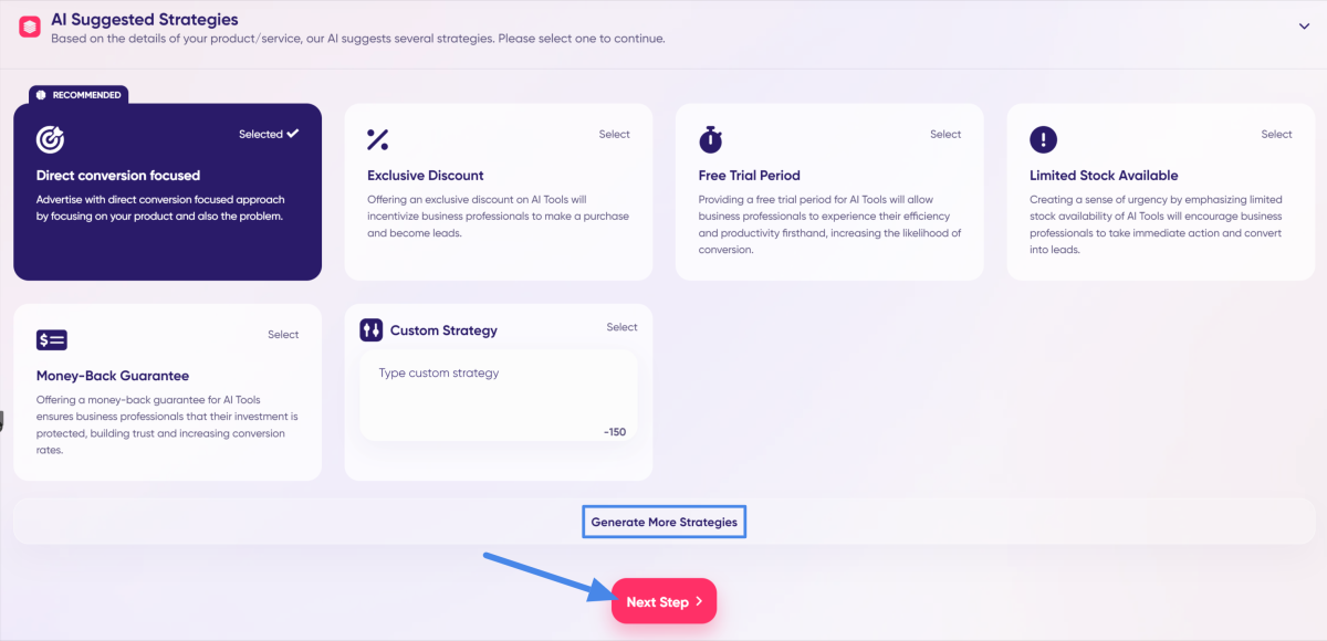 22-adcreative-ai-suggested-strategies Selecting one of the AI Suggested Strategies using AdCreative.