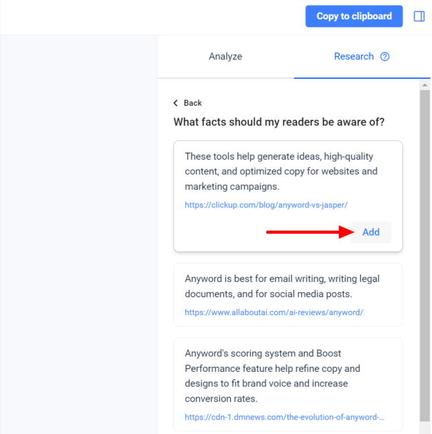 Adding research generated with Anyword's research tool.