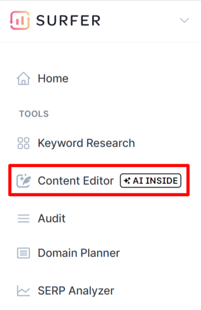 22-surfer-seo-content-editor-tab The Content Editor tab in the Surfer SEO dashboard.