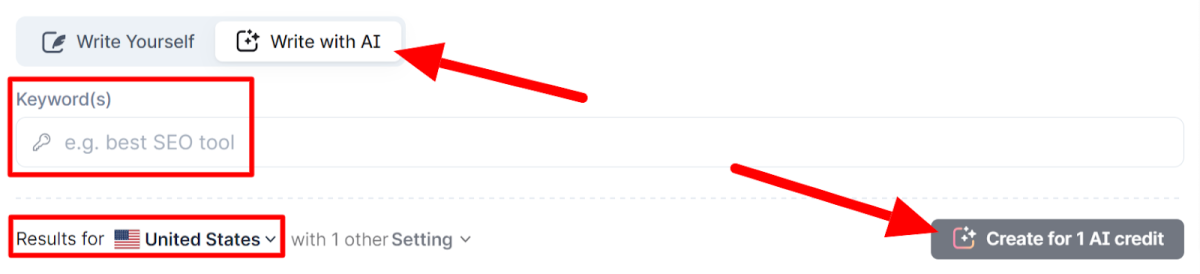 22-surfer-seo-write-with-ai Selecting "Write with AI" in Surfer SEO rather than "Write Yourself."