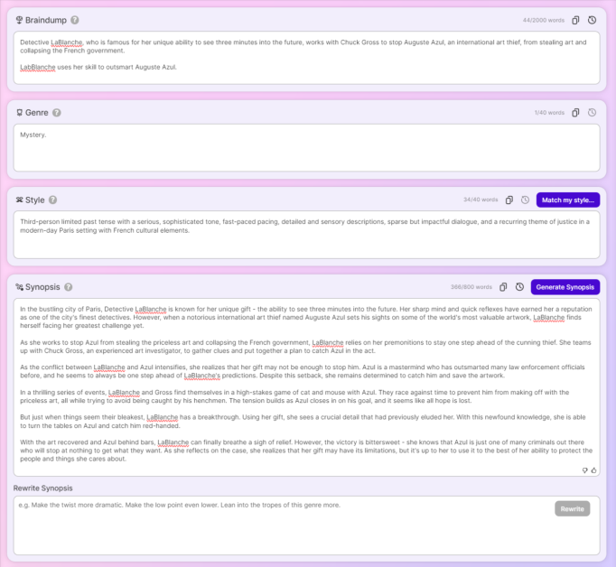 Filling out the Story Bible in Sudowrite.