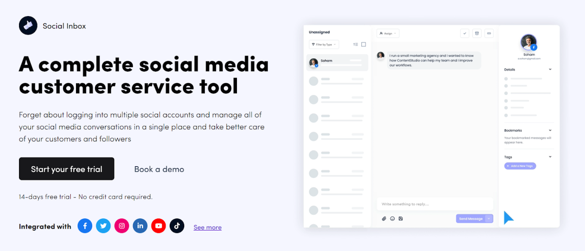 The Social Inbox landing page for ContentStudio.